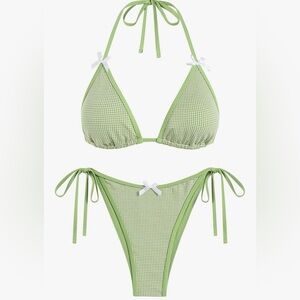 NWT ZAFUL Light Green Gingham Sexy Reversible Triangle Side Tie 2pc Bikini M